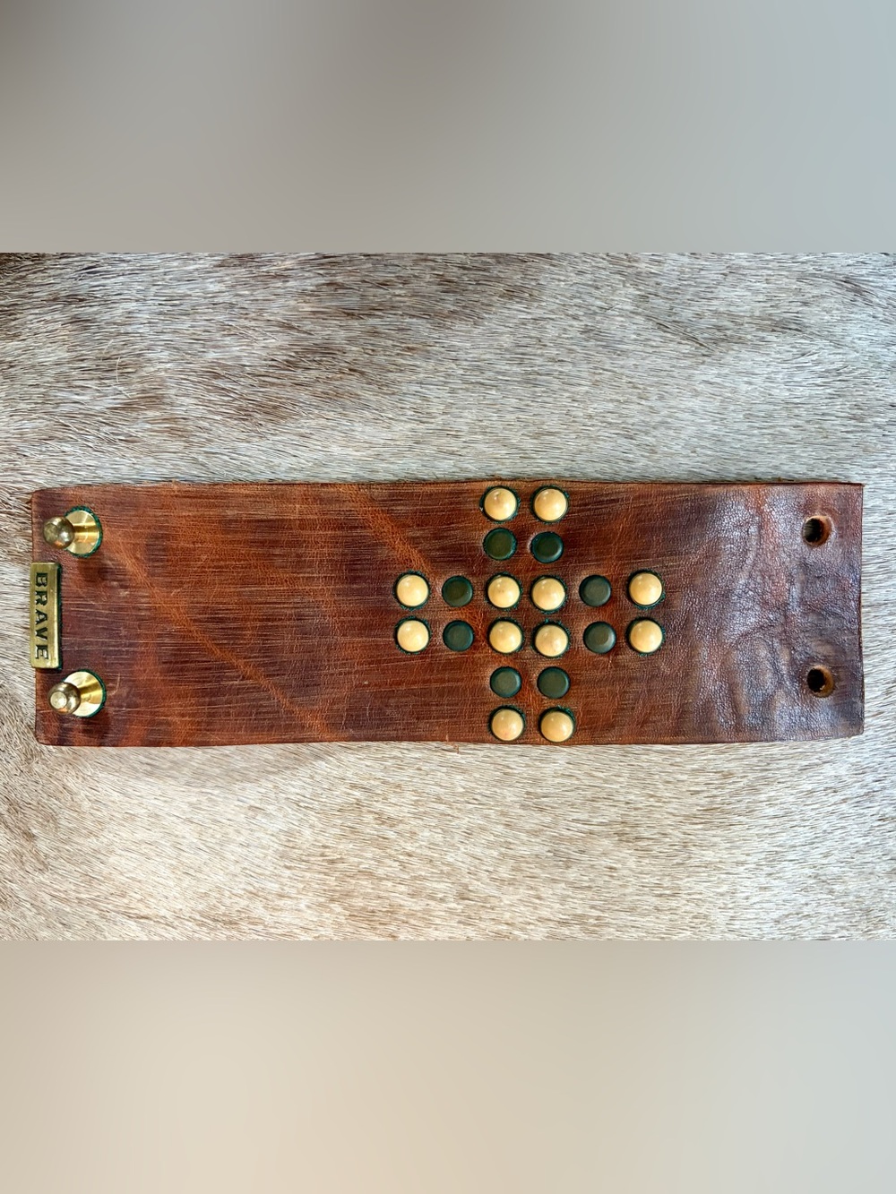 Women’s Brown Leather Studded Bracelet with Green and Beige Accents